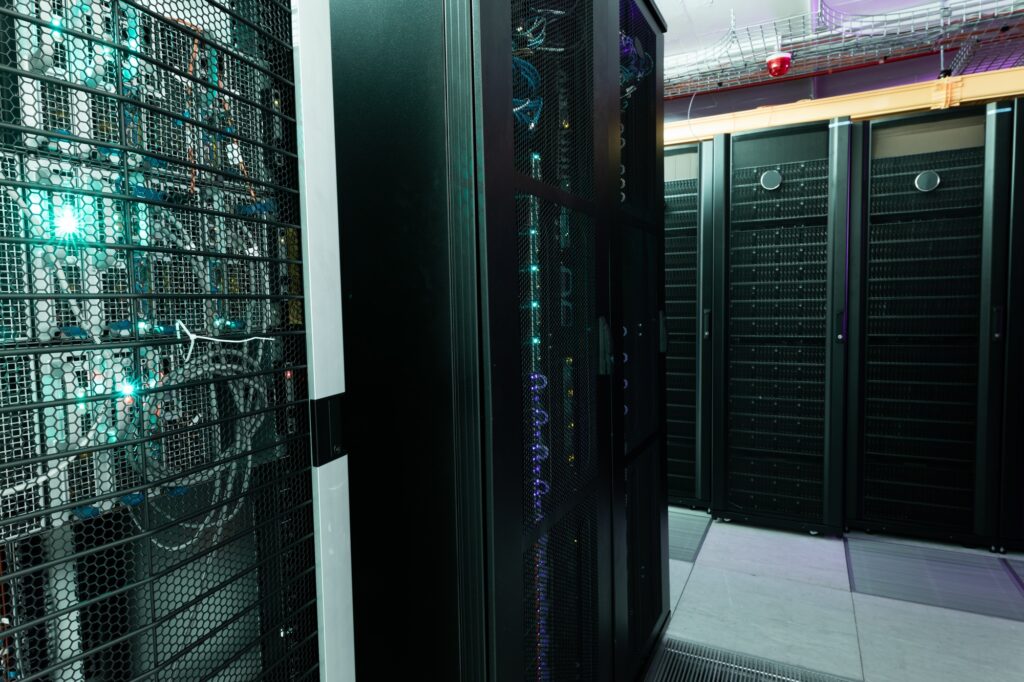 Data center with multiple rows of fully operational server racks